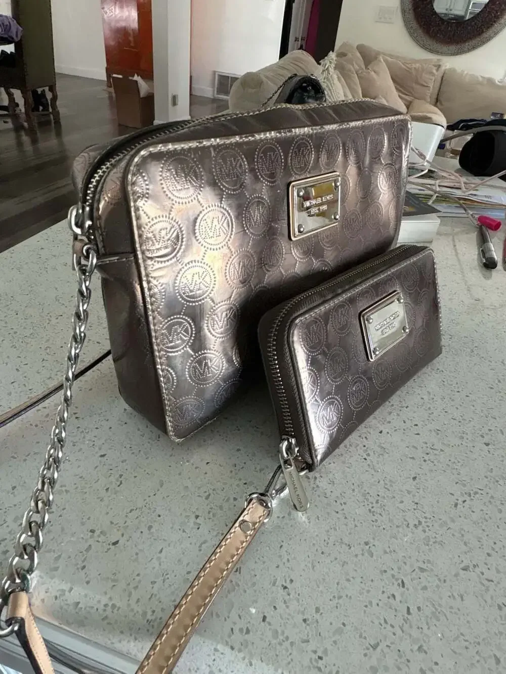 Michael Kors Metallic Logo Print Crossbody Bag and Matching Wallet Set
